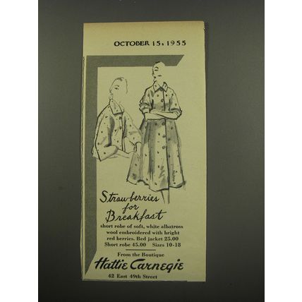 1955 Hattie Carnegie Robe and Bed Jacket Ad - Strawberries for Breakfast