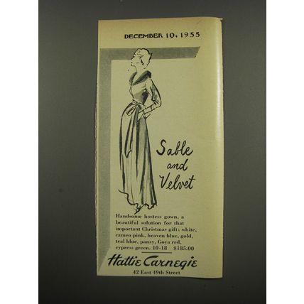 1955 Hattie Carnegie Hostess Gown Ad - Sable and Velvet