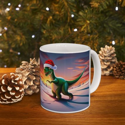 Dinosaur Raptor Rocks Christmas Santa Red Hat Ceramic Mug 11oz Design #2 Mirrore