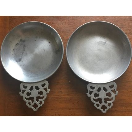 2 Stede Pewter Porringer Dish w/Filigree handles & Horse stamp logo Vintage #400