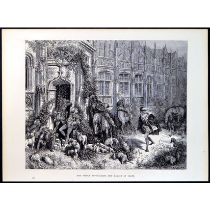 PRINCE APPROACHING THE PALACE OF SLEEP 1885 Gustave Doré ANTIQUE ENGRAVING