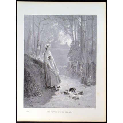 MILKMAID AND THE MILKPAIL 1885 Gustave Doré - Ad Ligny ANTIQUE ENGRAVING