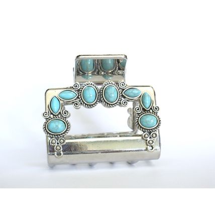 Hair claw clip turquoise blue stones south western design metal rectangle shape