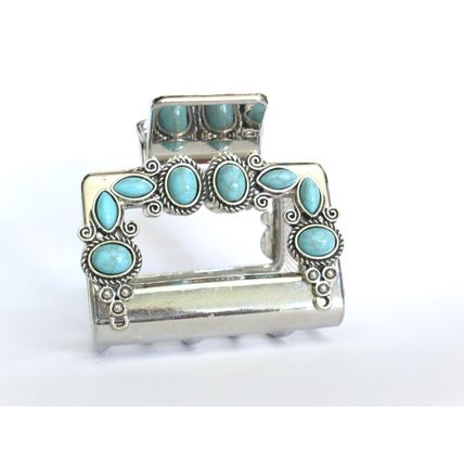 Hair claw clip turquoise blue stones south western design metal rectangle shape