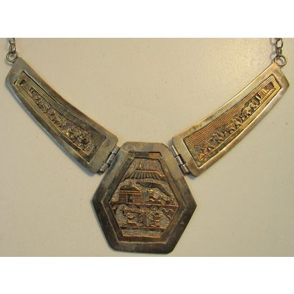 Vintage Signed Navajo 12K & Sterling Silver Storyteller Hinged Necklace 39.0 gr