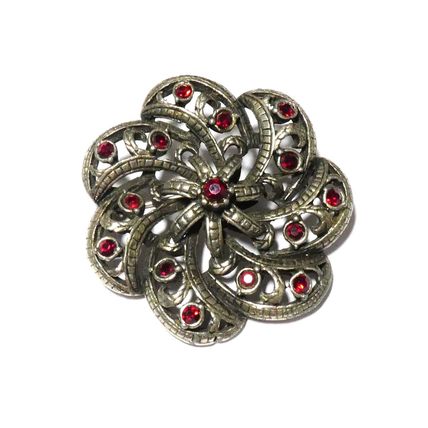 VINTAGE 1940-s Large Pewter Deep Red Rhinestone Ornate Swirl Floral BROOCH
