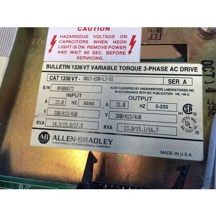 ALLEN BRADLEY 1336VT-B015-EDN-L3-S1 AC DRIVE,15 HP,VARIABLE TORQUE,BM
