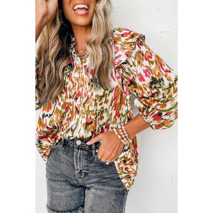 Multicolour Abstract Print 3/4 Puff Sleeve Ruffle Blouse