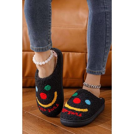 Black Keep Smile Printed Sherpa Home Slippers