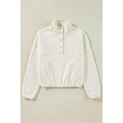 White Fleece Placket Turn-down Collar Drop Shoulder Sweatshirt