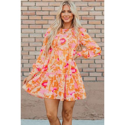 Orange Abstract Print Smocked Lantern Sleeve Ruffle Mini Dress