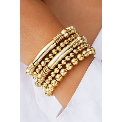 Gold Layered Plated Alloy Beaded Elastic Bracelet Set
