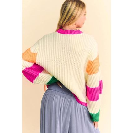 Beige Colorblock Flower Print Cable Knit Loose Sweater