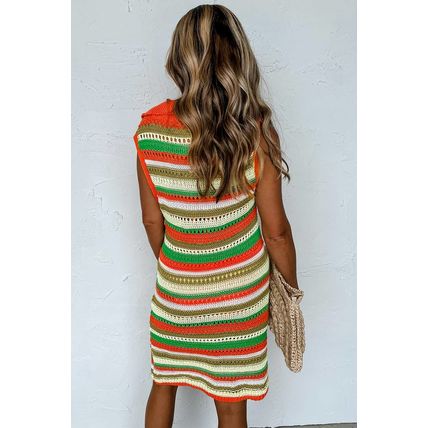 Yellow Stripe Eyelet Sleeveless Buttoned Split Neck Sweater Dress
