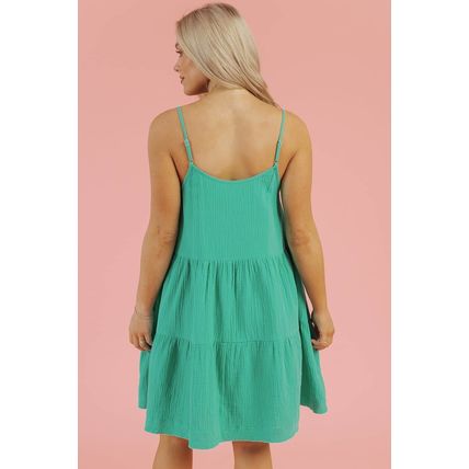 Sea Green Textured Buttoned Thin Strap Tiered Loose Fit Mini Dress