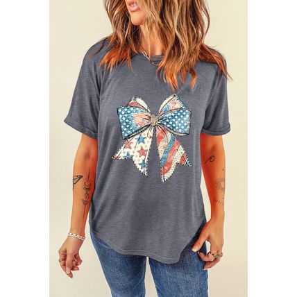 Gray US Flag Bow Print Round Neck Loose T Shirt