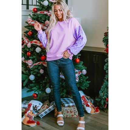 Orchid Petal Sequin Patchwork Long Sleeve Pullover Top