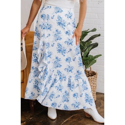 Sky Blue Boho Floral High Waist Ruffle Split Maxi Skirt