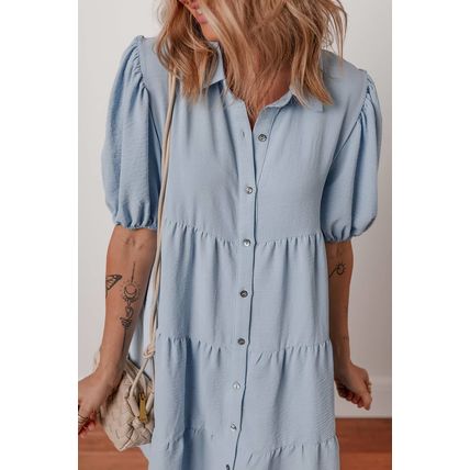 Beau Blue Shirt Collar Button Up Short Puff Sleeve Tiered Shift Dress