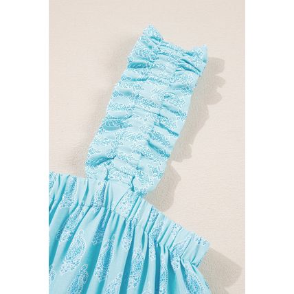 Sky Blue Tribal Pattern Print Ruffled Wide Straps Loose Tank Top