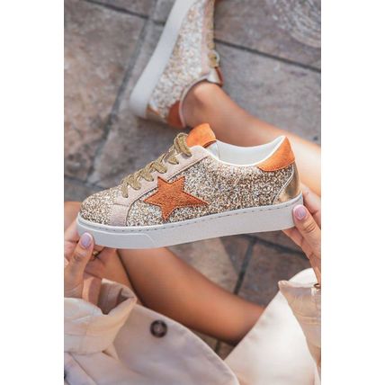 Gold Star Patchwork Sequined Lace-up Sneakers