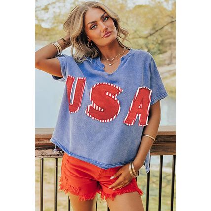 Sky Blue USA Patch Mineral Wash Notch V Neck Vintage Graphic T Shirt