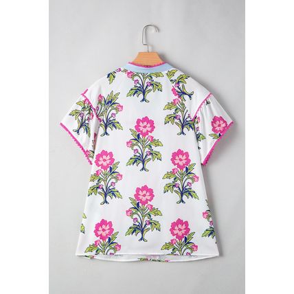 Rose Vintage Floral Print Contrast Notched V Neck Plus Size Summer Blouse