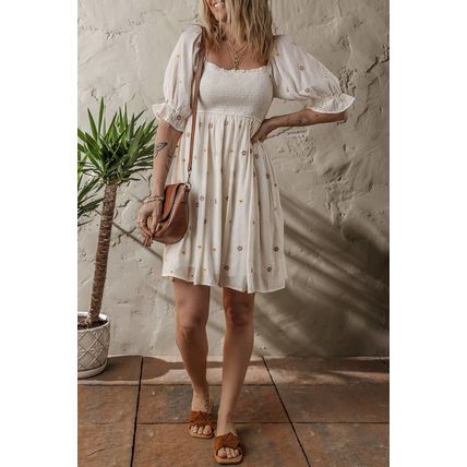 Beige Embroidered Flower Smocked Bust Half Puff Sleeve Empire Waist Textured Flo