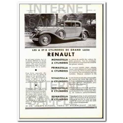 RENAULT 1931 grand deluxe Stella 6-8 cylinder engine car vintage ad