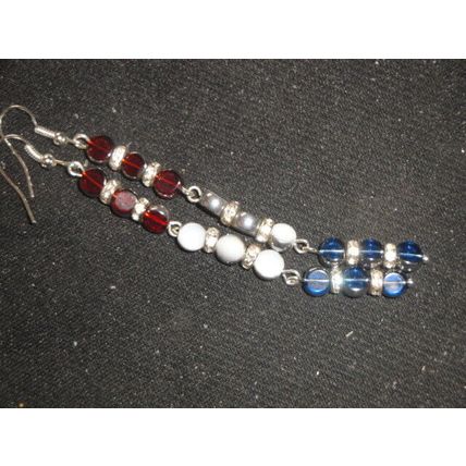 Delicat small silver dipped red white & blue round glass bead long drop earrings