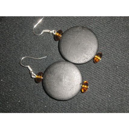 Fabulouse large flat black wood & orange glass button swing earrings