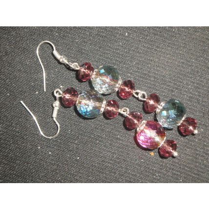 Extraordinary large purple green dichroic crystal glass long drop earrings