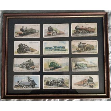 12 Steam Trains Will's Cigarette Cards, framed, retro, vintage