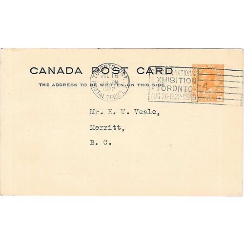 Canada #P29g USED 1922 Admiral Type 6, Toronto Slogan "Canadian National Ex...."