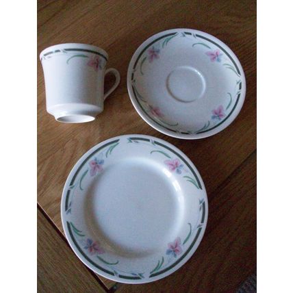 PINK FLORAL GREY TRIM TRIO CUP, SAUCER & TEA PLATE VINTAGE **GC**