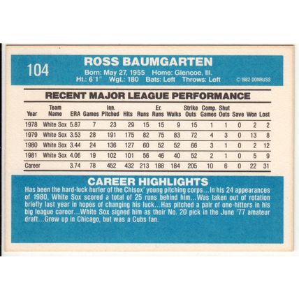 1982 Donruss baseball card 104 Ross Baumgarten