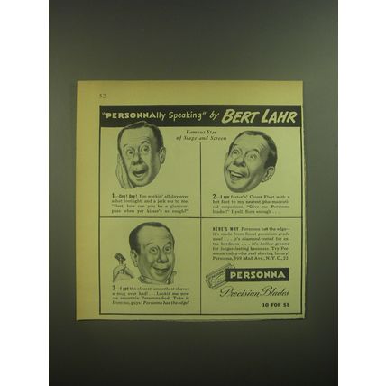 1945 Personna Razor Blades Advertisement - Personnally speaking by Bert Lahr