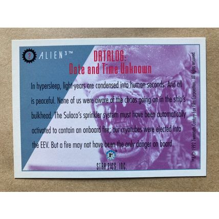 Alien3 Base trading card # 2 Ripley in Cryotube (A) 1992 Star Pics, Dark Horse