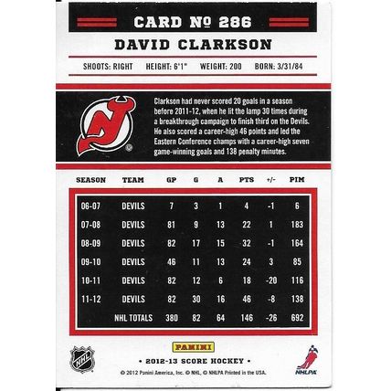 Score 2012 NHL Hockey Trading Card #286 David Clarkson #23 New Jersey Devils