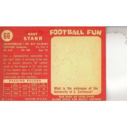 BART STARR 1958 TOPPS AUTOGRAPHED GREEN BAY PACKERS HOF SB I&II CHAMPION MVP QB