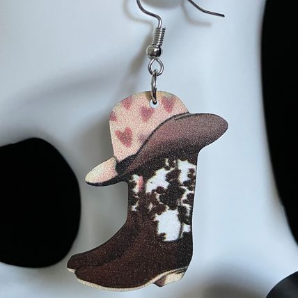 Earrings Heart Hat Western Cowboy Boots Wooden #703