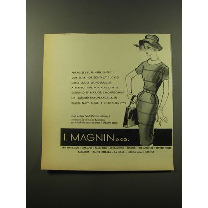 1960 I. Magnin Dress by Marjorie Montgomery Ad - Purposely pure and simple