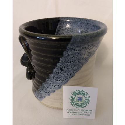 HANDCRAFTED GLAZED STONEWARE FACE MUG BLUES & WHITE SIGNED RT