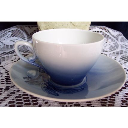 Bing Grondahl Christmas Rose 102 Teacup & Saucer Delft Blue Colors Embossed Rose
