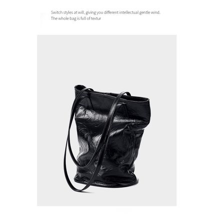 Women Cowhide Bucket Bag Large Capacity Retro Shoulder Bag Black