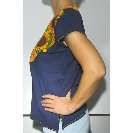 Sunflowers Embroidered Cotton Canvas Dark Navy Blue Blouse Chiapas Mexico