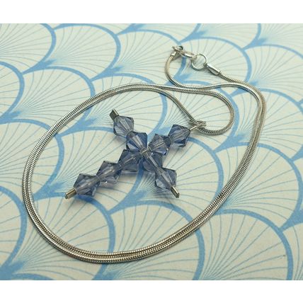 Vintage 925 Sterling Silver and Purple Crystal Glass Bead Cross Pendant Necklace