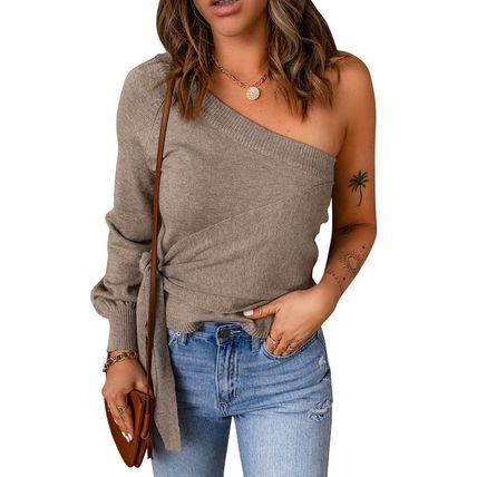 Khaki Tie Knot One Shoulder Knitted Sweater