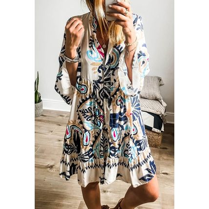 White Printed Tribal Print Bracelet Sleeve Buttoned Mini Dress