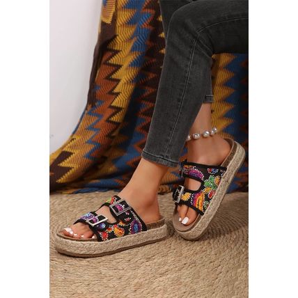 Black Paisley Print Double-Buckle Wedge Slippers
